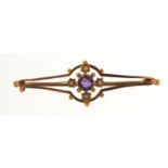 Art Nouveau 15ct gold amethyst and seed pearl brooch, 4.6cm wide, 2.2g