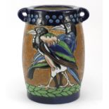 Amphora, Czechoslovakian Art Deco pottery vase with twin handles, enamelled with two stylised birds,