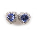 Pair of 9ct white gold tanzanite and diamond love heart stud earrings, 8mm high, 2.0g