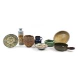 Art pottery including Denby Glyn Colledge, Swedish fondu pan by Landert, large centre bowl and a