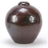 American brown glazed studio pottery vase in the manner of Grueby, impressed marks to the base, 18.