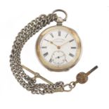H E Peck, gentlemen's silver open face pocket watch with subsidiary dial on a graduated silver watch