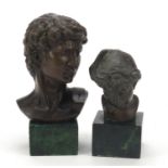Two classical patinated bronze busts including Michael Angelo's David, both raised on square green