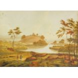 Building on hill top with figures before water, 19th century watercolour, mounted, unframed, 58.