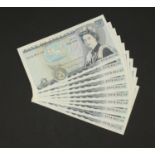 Ten Bank of England D H F Somerset five pound notes, nine with consecutive serial numbers comprising