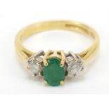 18ct gold emerald and diamond ring, size J, 2.8g