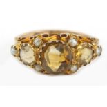 Edward VII 9ct gold citrine and seed pearl ring, Birmingham 1912, size M, 1.8g