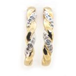 Pair of 9ct two tone gold diamond half hoop earrings, 1.8cm high, 1.4g