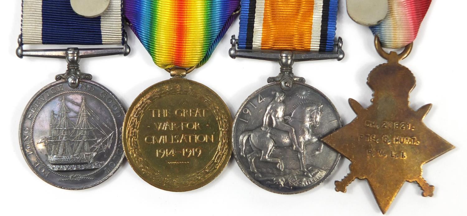 British military World War I naval four medal group comprising a trio awarded to CH.20821.PTE.G. - Image 8 of 11