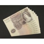 Seven Bank of England J S Fforde ten pound notes with consecutive serial numbers comprising A76