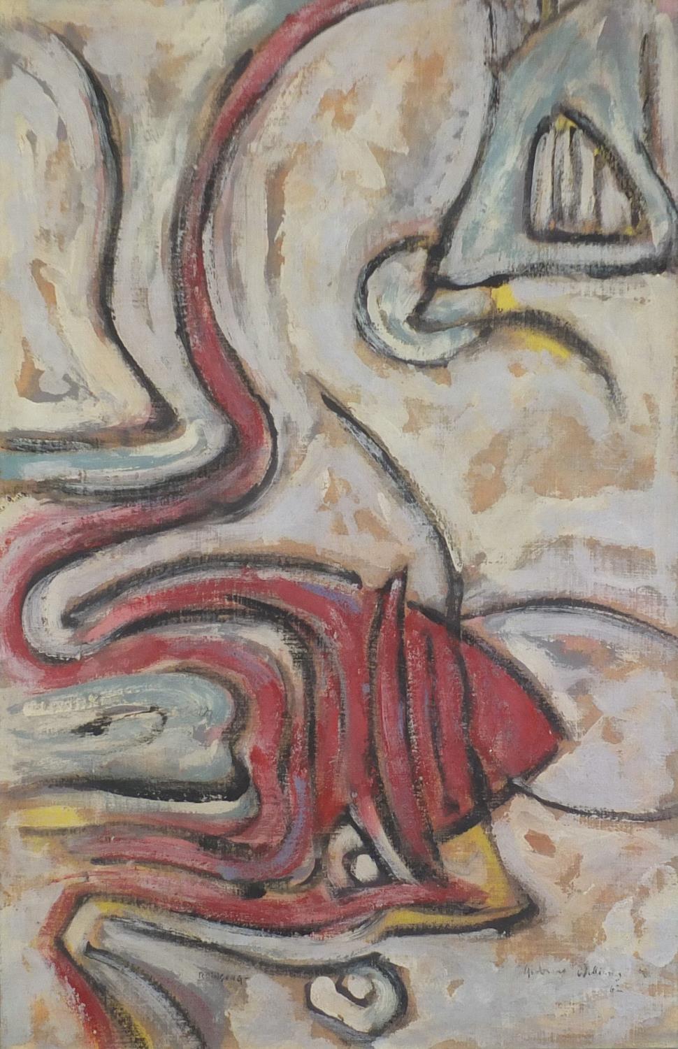 Abstract composition, oil, bearing an indistinct inscription verso, framed and glazed, 79cm x 52.5cm