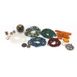 Costume jewellery including gilt metal cameo ring, hardstone bead necklaces and natural amber