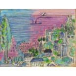 Manner of Raoul Dufy - Town by the sea, Continental school oil on board, label verso, mounted and