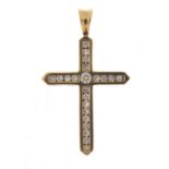 9ct gold clear stone cross pendant, 3.7cm in length, 3.1g