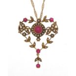 Art Nouveau 9ct gold ruby and seed pearl brooch pendant on a 9ct gold necklace, 48cm and 4.5cm in
