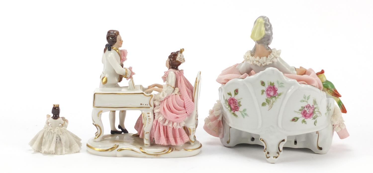 Dresden, three German porcelain lace figurines including a group of two lovers, the largest 18cm - Image 5 of 10