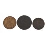 Three Victorian coins including an 1860 penny