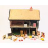 Large hand built wooden doll's house with contents, 63cm H x 67cm W x 37cm D