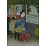 Robed female in an interior, Chinese reverse glass painting, framed, 49cm x 34cm excluding the frame