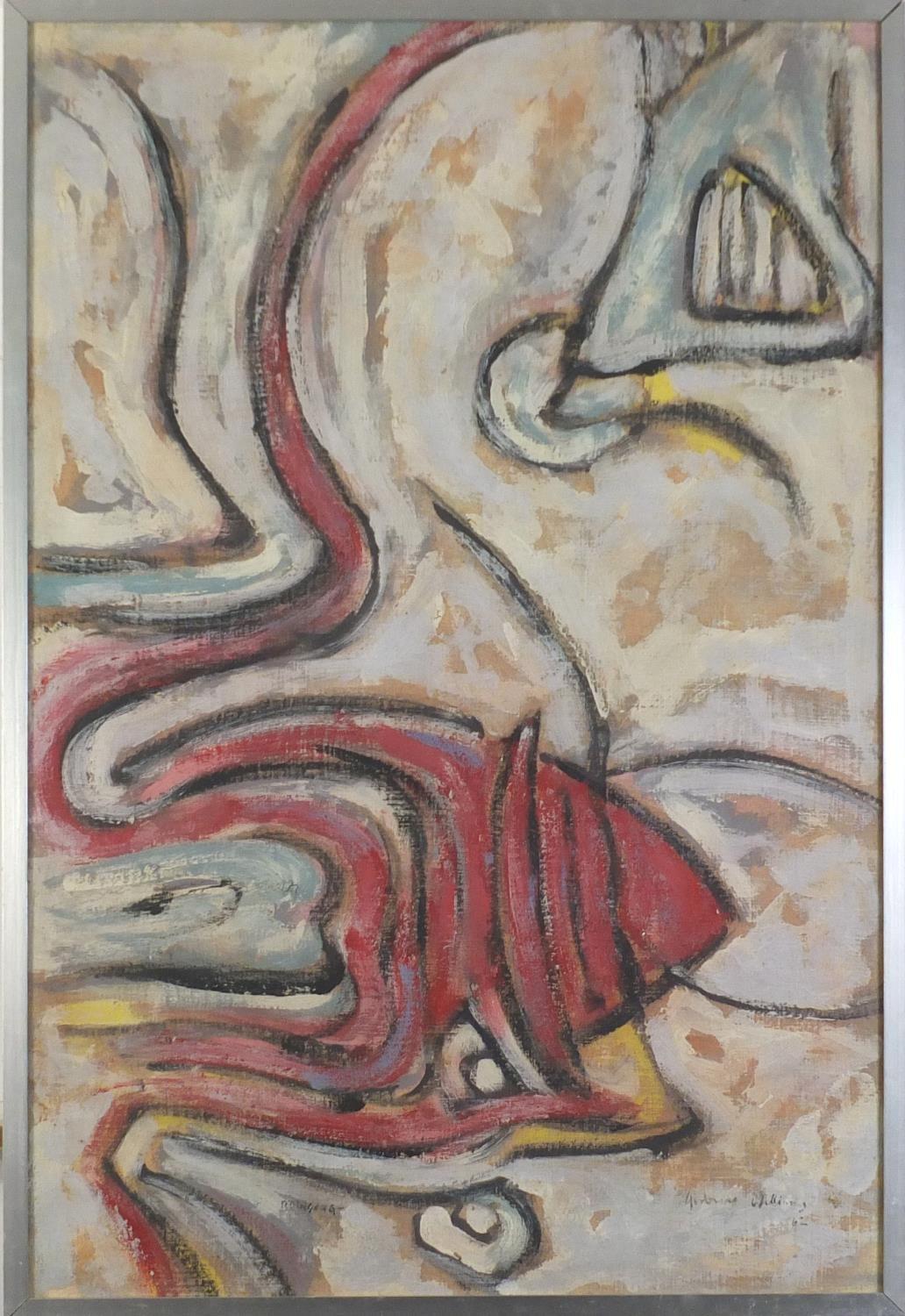 Abstract composition, oil, bearing an indistinct inscription verso, framed and glazed, 79cm x 52.5cm - Image 2 of 5