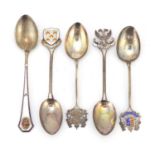 Five silver souvenir teaspoons, some enamelled, including Chester, Falmouth and Litchfield, the