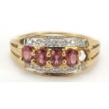 9ct gold purple stone and diamond half eternity ring, size O, 2.5g
