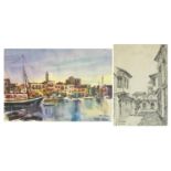 Mike Patsal - Evening calm, Kyrenia Harbour and old Nicosia, two paintings, mounted, framed and