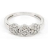 9ct white gold diamond trilogy flower head ring, size N, 2.4g