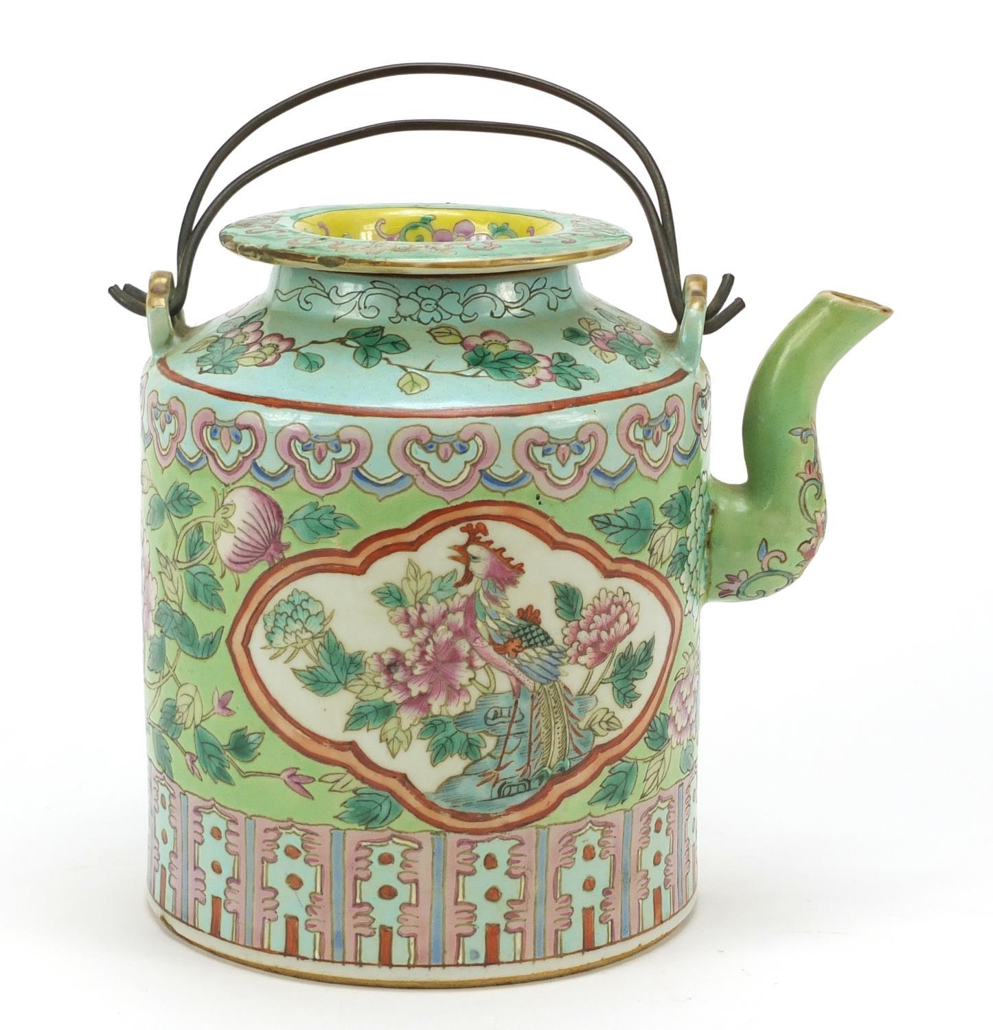 Chinese porcelain Peranakan Straits type teapot hand painted in the famille rose palette with panels - Image 5 of 12