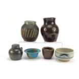 Studio pottery including a Michael Cardew soy bottle and an Aller pottery bowl hand painted with