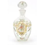 French glass decanter enamelled with a figure and flowers, 21cm high