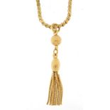 9ct gold S link necklace with tassel pendant, 44cm and 5cm in length, 10.5g