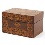 Victorian Tunbridgeware style inlaid box with hinged lid, 13.5cm H x 22cm W x 14cm D