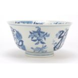 Chinese blue and white porcelain footed bowl hand painted with fruit and flowers, six figure