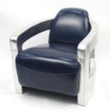 Aviation design club chair with blue leather upholstery, 75cm H x 74cm W x 80cm D