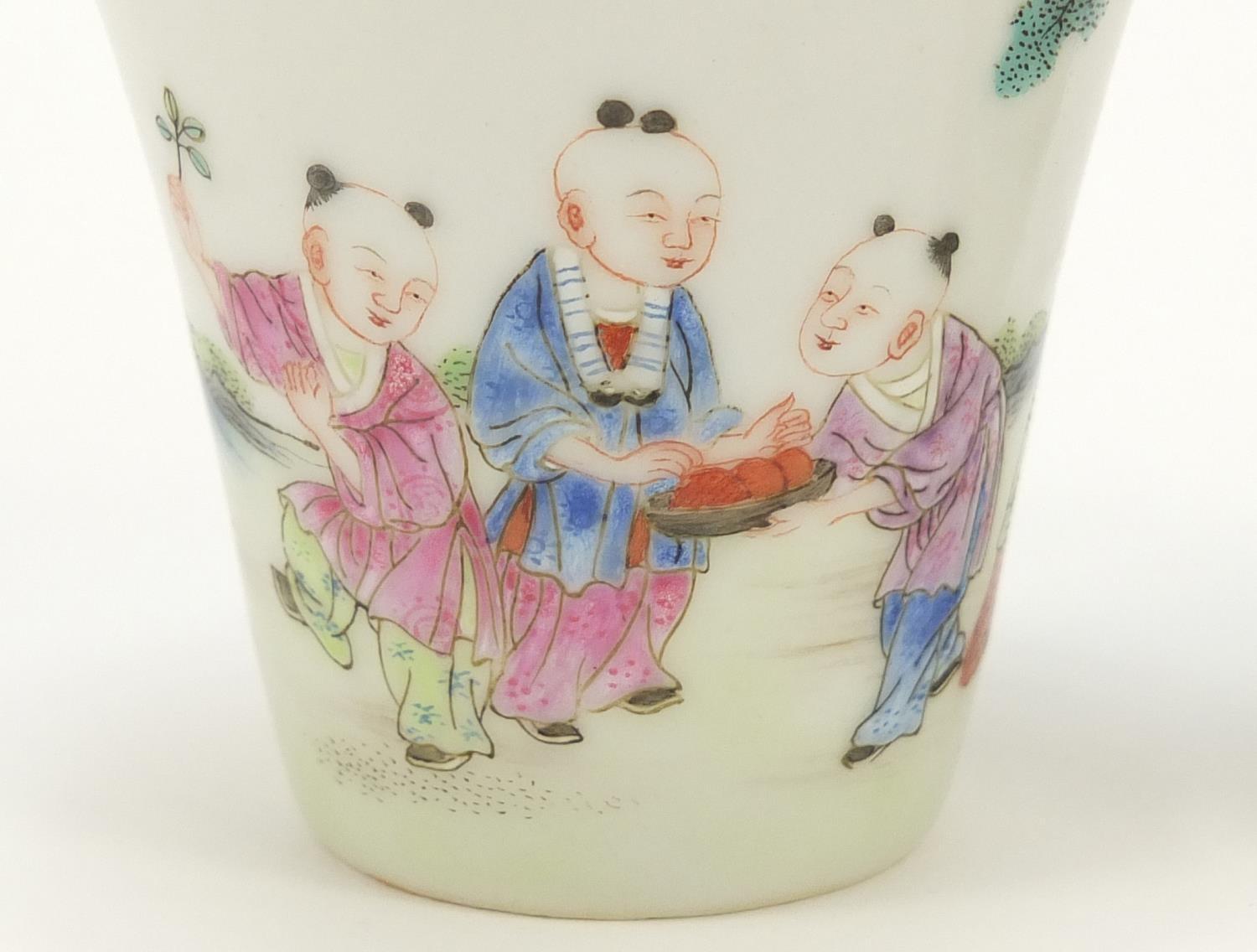 Good pair of Chinese porcelain tea cups hand painted in the famille rose palette with children - Image 2 of 11