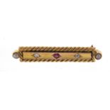Victorian 9ct gold ruby, diamond and pearl bar brooch, W & MK maker's mark, 4cm in length, 5.7g