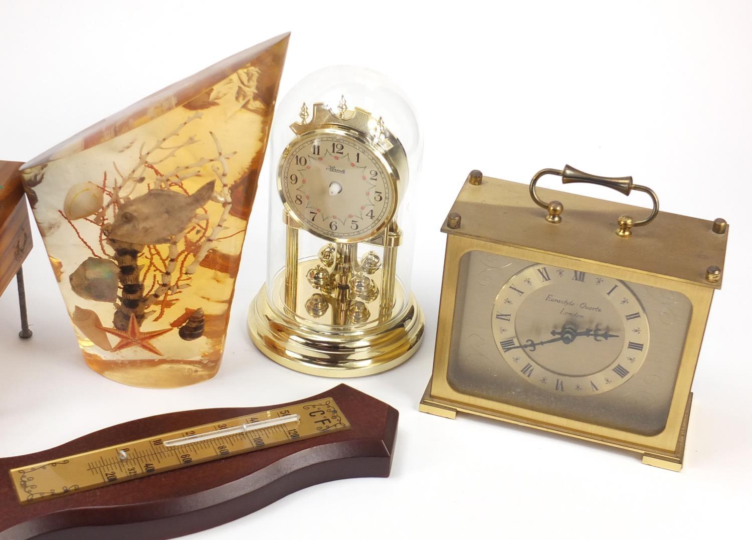 Sundry items including anniversary clock, Lucite paperweight and barometer, the largest 36cm high - Image 4 of 8