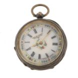 Kay & Company, ladies 935 silver open face pocket watch with ornate enamelled dial, 42mm in diameter