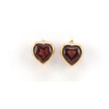 Pair of 9ct gold garnet love heart stud earrings, 6.6mm high, 0.7g