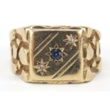 Gentlemen's 9ct gold sapphire and diamond signet ring, size W, 8.5g