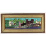 Pilkingtons, 1960's three tile panel, hand painted with bridge over water before a town, mounted and