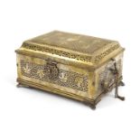 Middle Eastern silvered brass pierced casket with twin handles and fitted interior having five