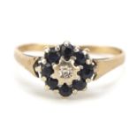 9ct gold sapphire and diamond ring, size O, 1.7g