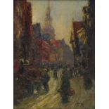 Busy street scene, Impressionist oil on board, bearing an indistinct signature, possibly Oster?