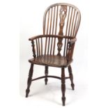 Victorian elm and yew Windsor chair with crinoline stretcher, 106cm high