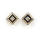 Pair of Art Deco style 9ct gold diamond and sapphire stud earrings, 9.2mm x 9.2mm, 2.2g