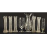 Antique glassware including etched celery vase, five hobnail cut vases and ewer etched with leaves
