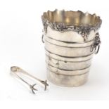Viner's silver plated ice bucket with sugar tongs, 16cm high