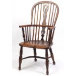 Victorian elm and yew Windsor chair with crinoline stretcher, 106cm high